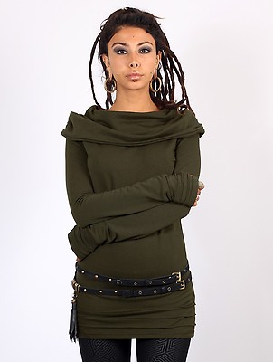 Sweat a capuche femme gros col ninja imprime coton bicouleur noir Plazma Tao